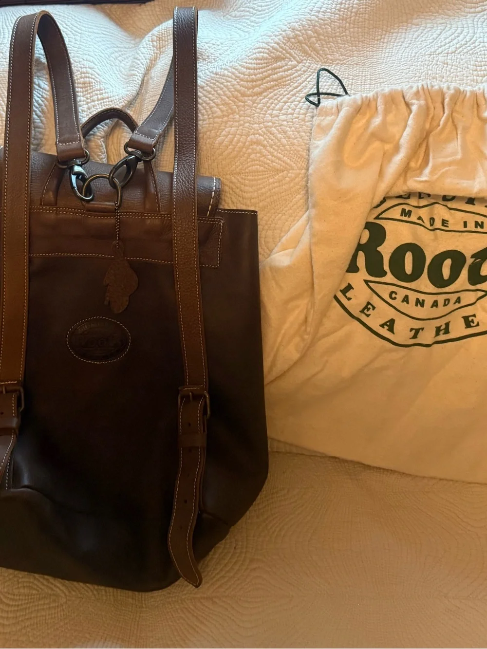 Roots Dark Brown Leather Backpack with Drawstring & Buckle